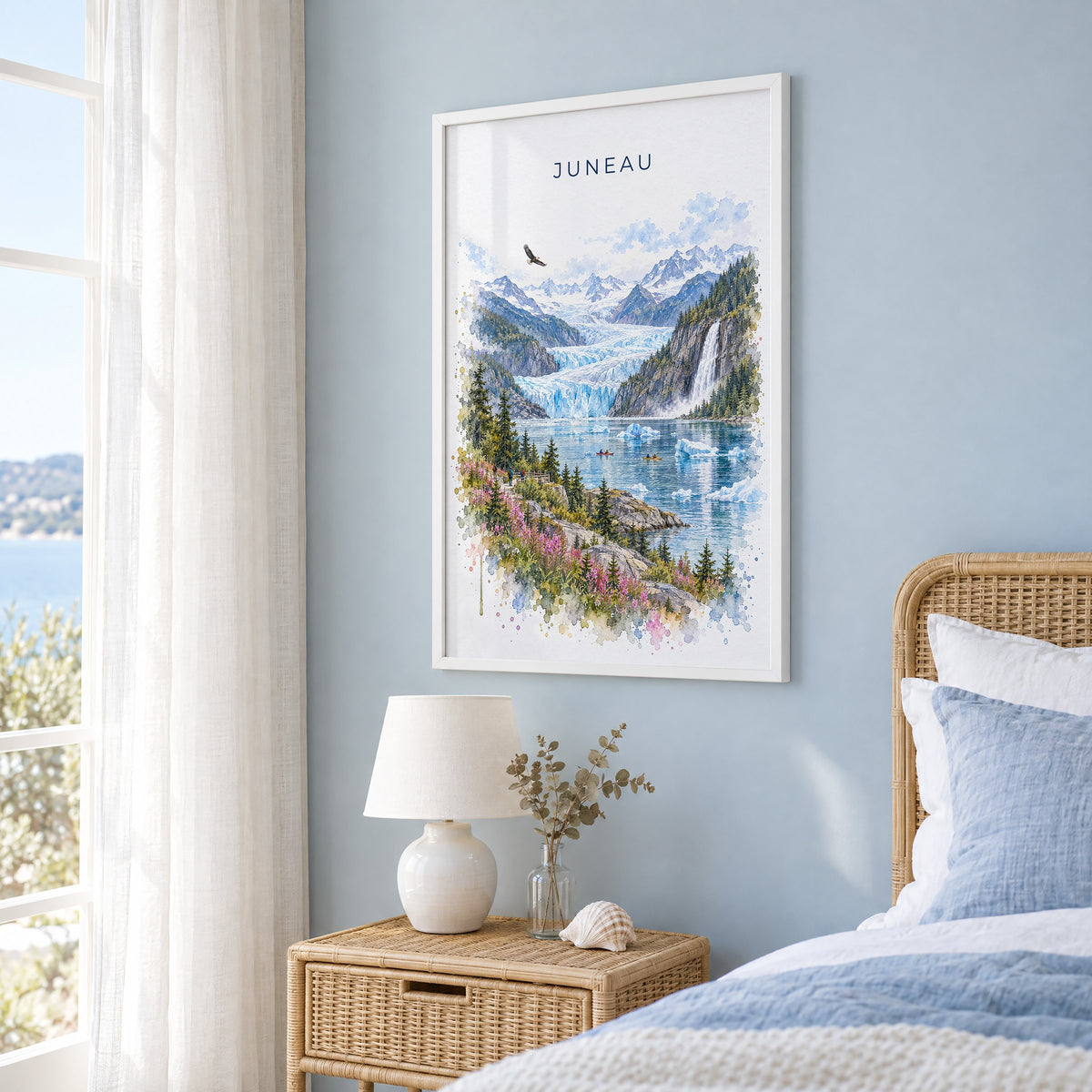 Juneau watercolor print in a white frame on a pale blue wall beside a rattan bed in a coastal bedroom