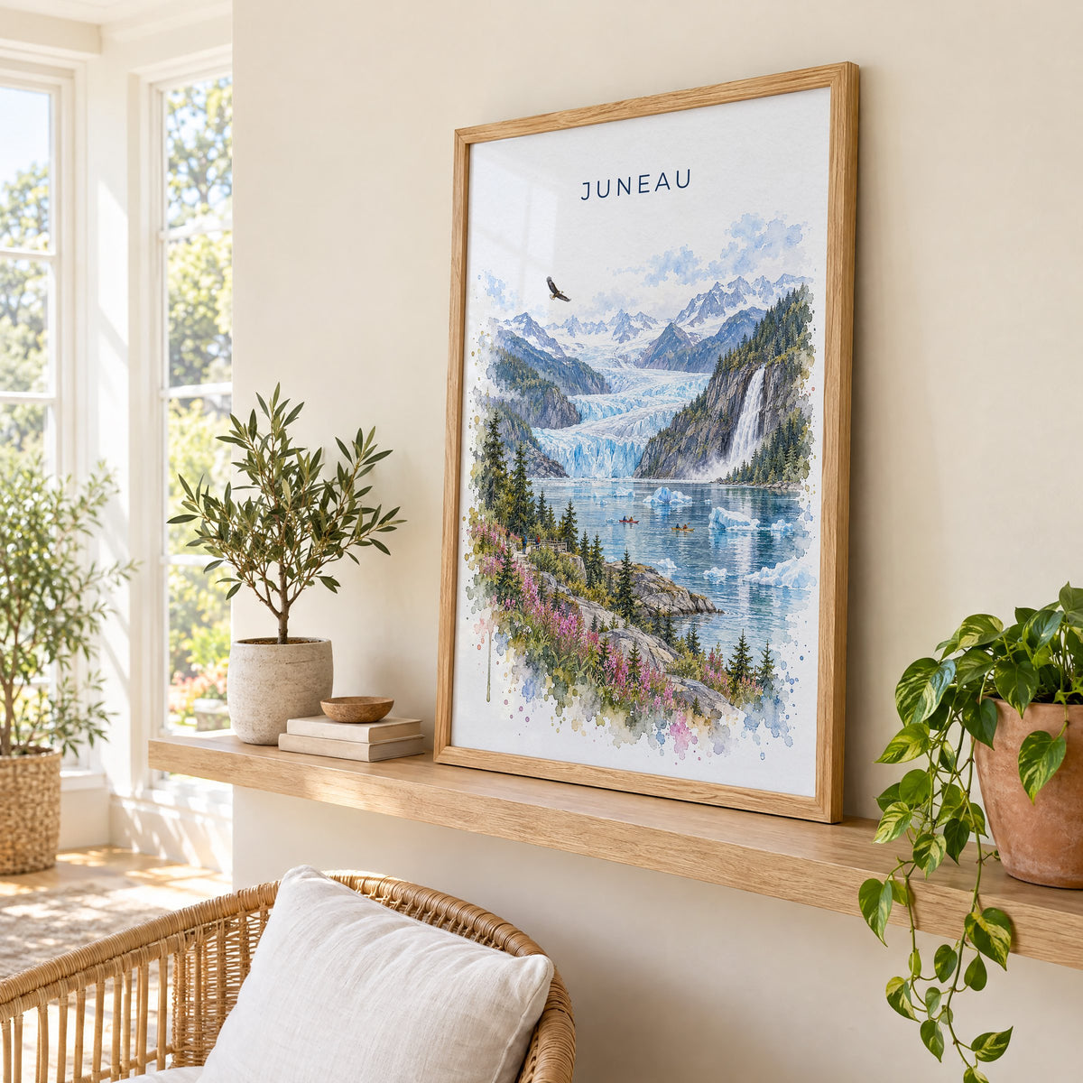 Juneau watercolor print in an oak frame on a picture ledge in a sunlit sunroom