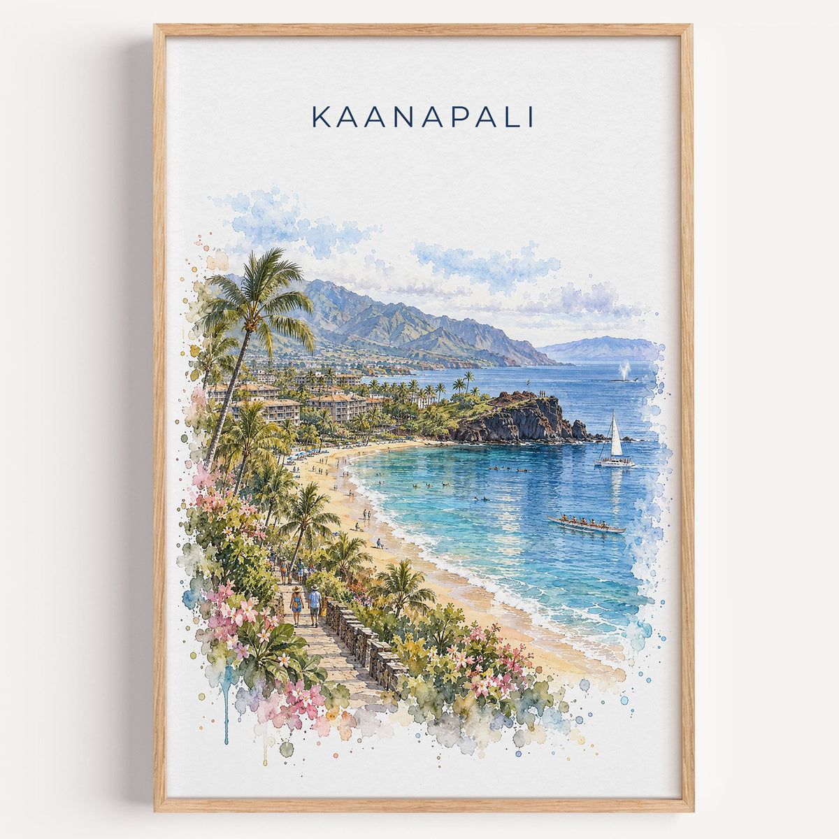 Kaanapali watercolor print in a light oak frame on a plain white wall