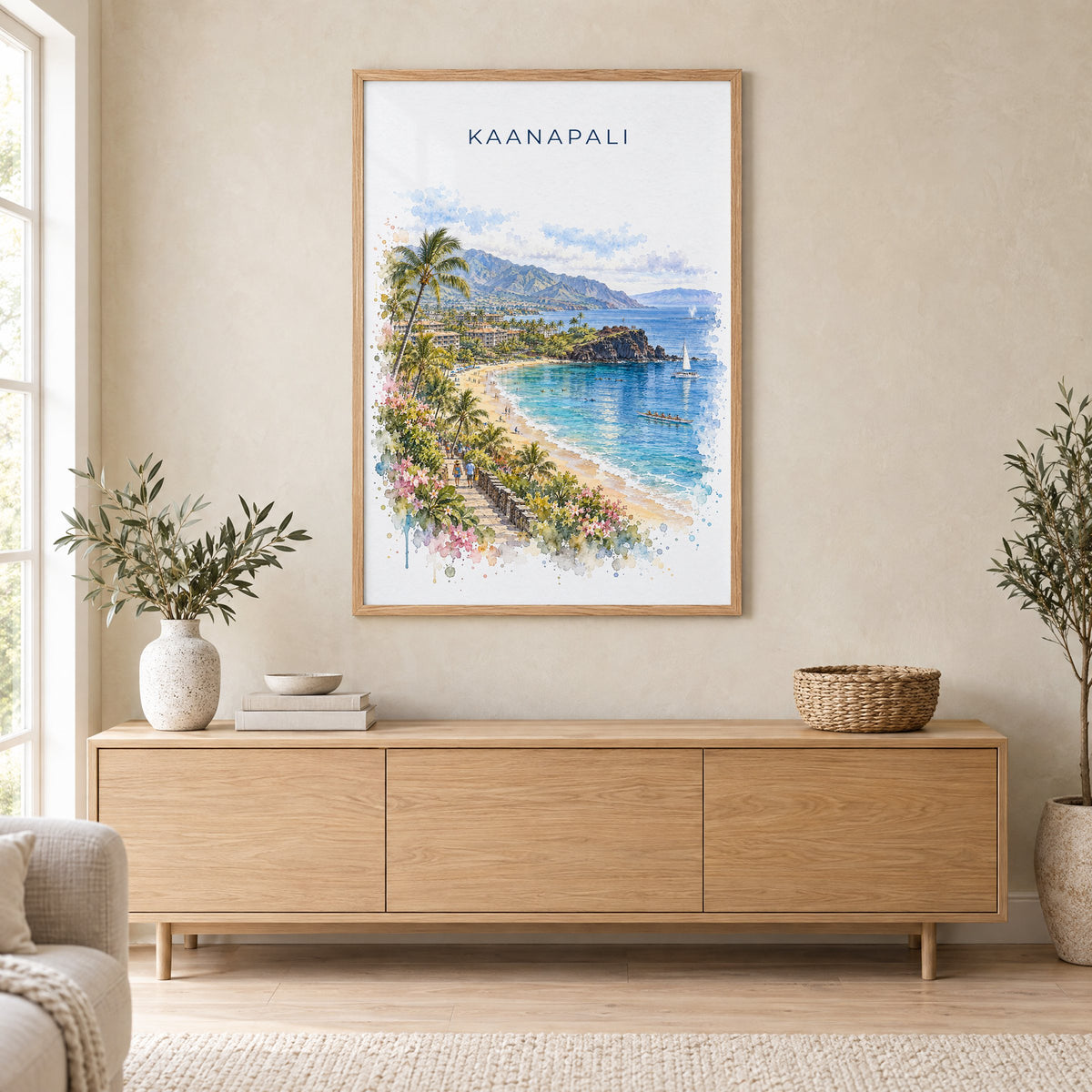 Kaanapali watercolor print in an oak frame above a light wood sideboard in a Scandinavian living room