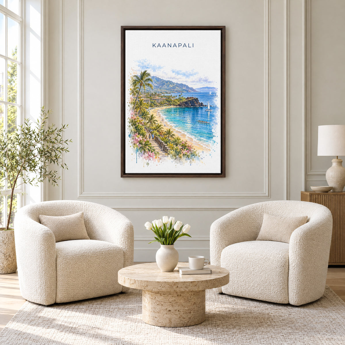 Kaanapali watercolor print as an espresso floater canvas above two boucle armchairs in a hotel lounge