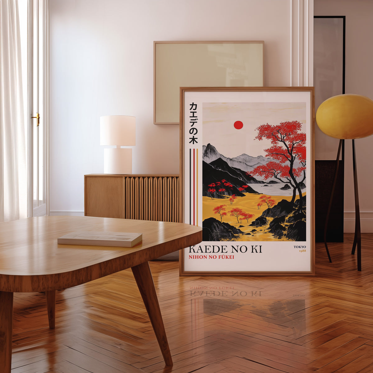 Kaede red maple tree landscape print in a walnut frame leaning in a mid-century living room