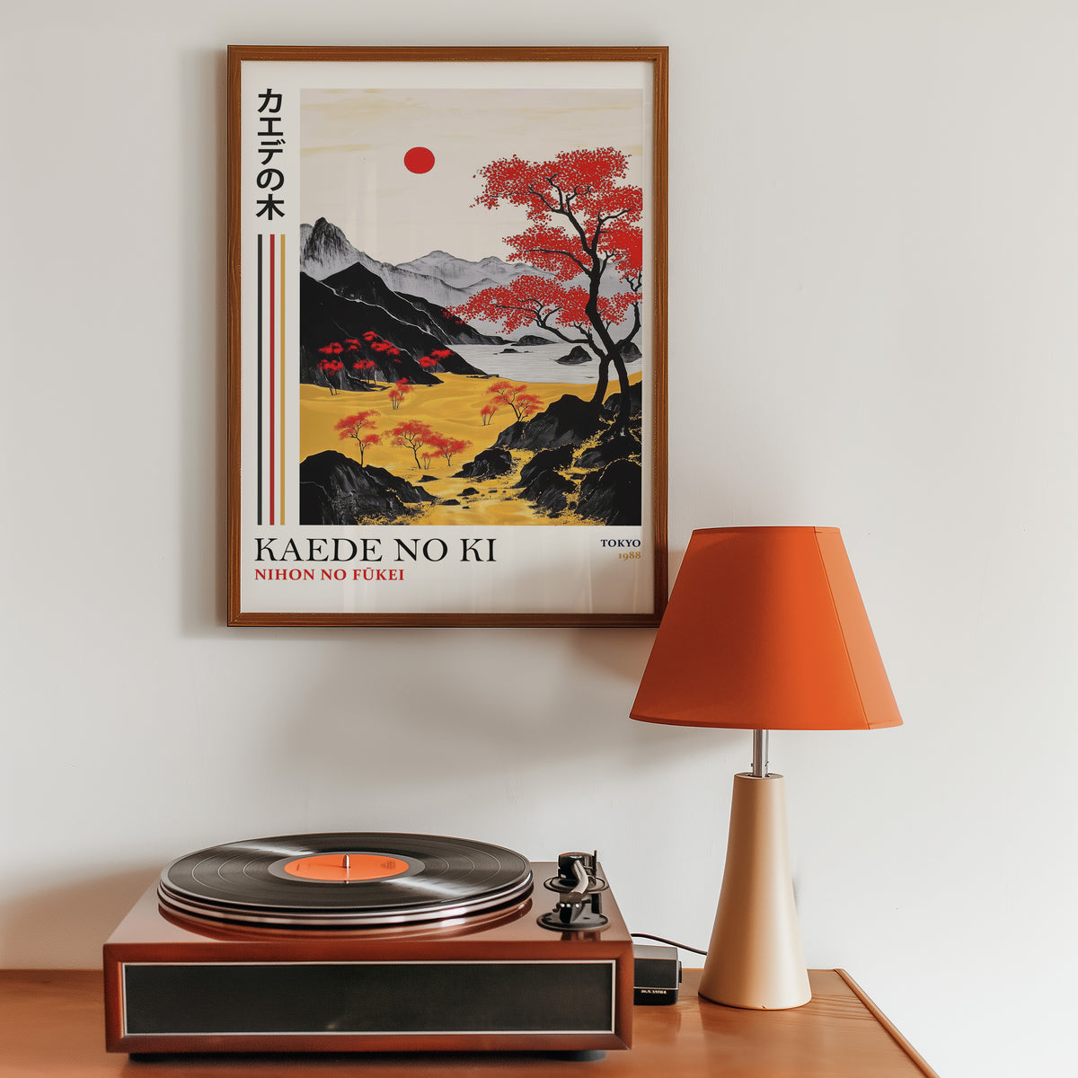 Kaede red maple tree landscape print in a walnut frame above a sideboard with a record player