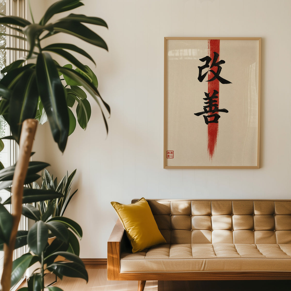Kaizen kanji calligraphy print in an oak frame above a tan tufted leather sofa with a mustard cushion