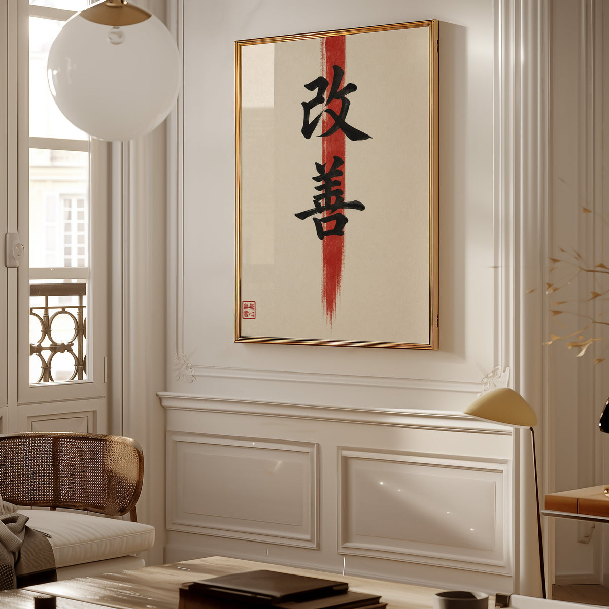 Kaizen kanji calligraphy print shown in a gold frame on a paneled wall in a Parisian-style living room
