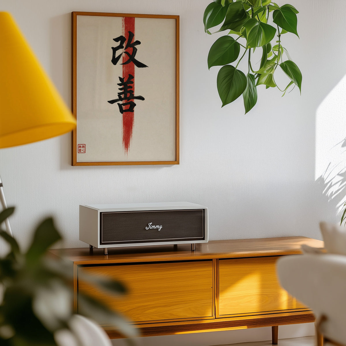 Kaizen kanji calligraphy print in an oak frame above a teak mid-century sideboard with trailing pothos
