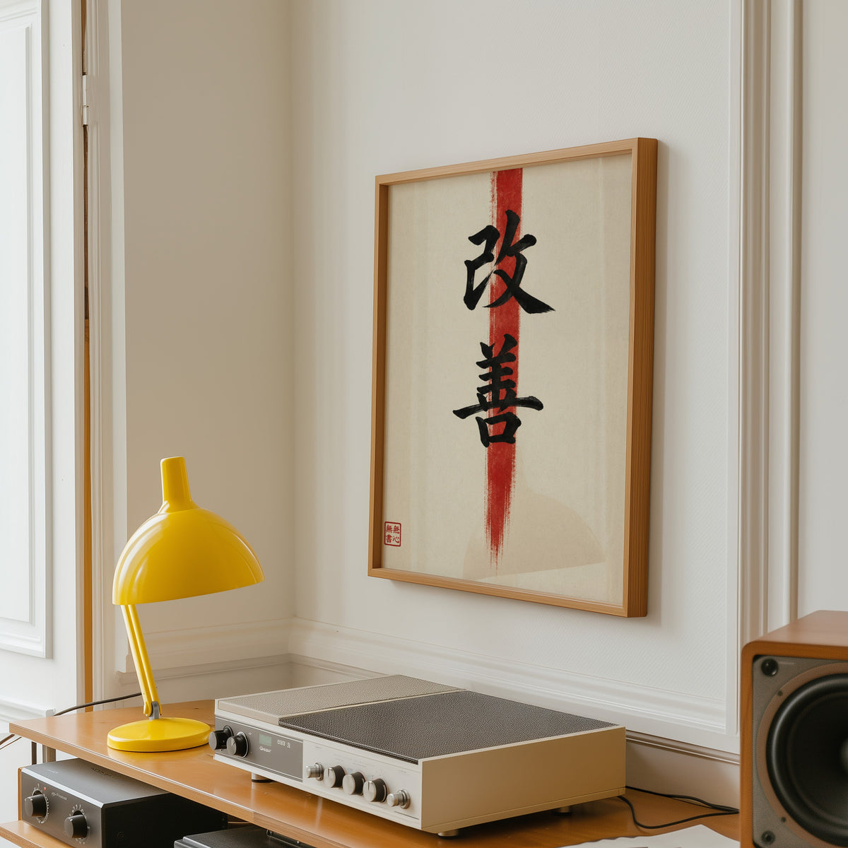 Kaizen kanji calligraphy print in an oak frame above a vintage hi-fi shelf with a yellow desk lamp