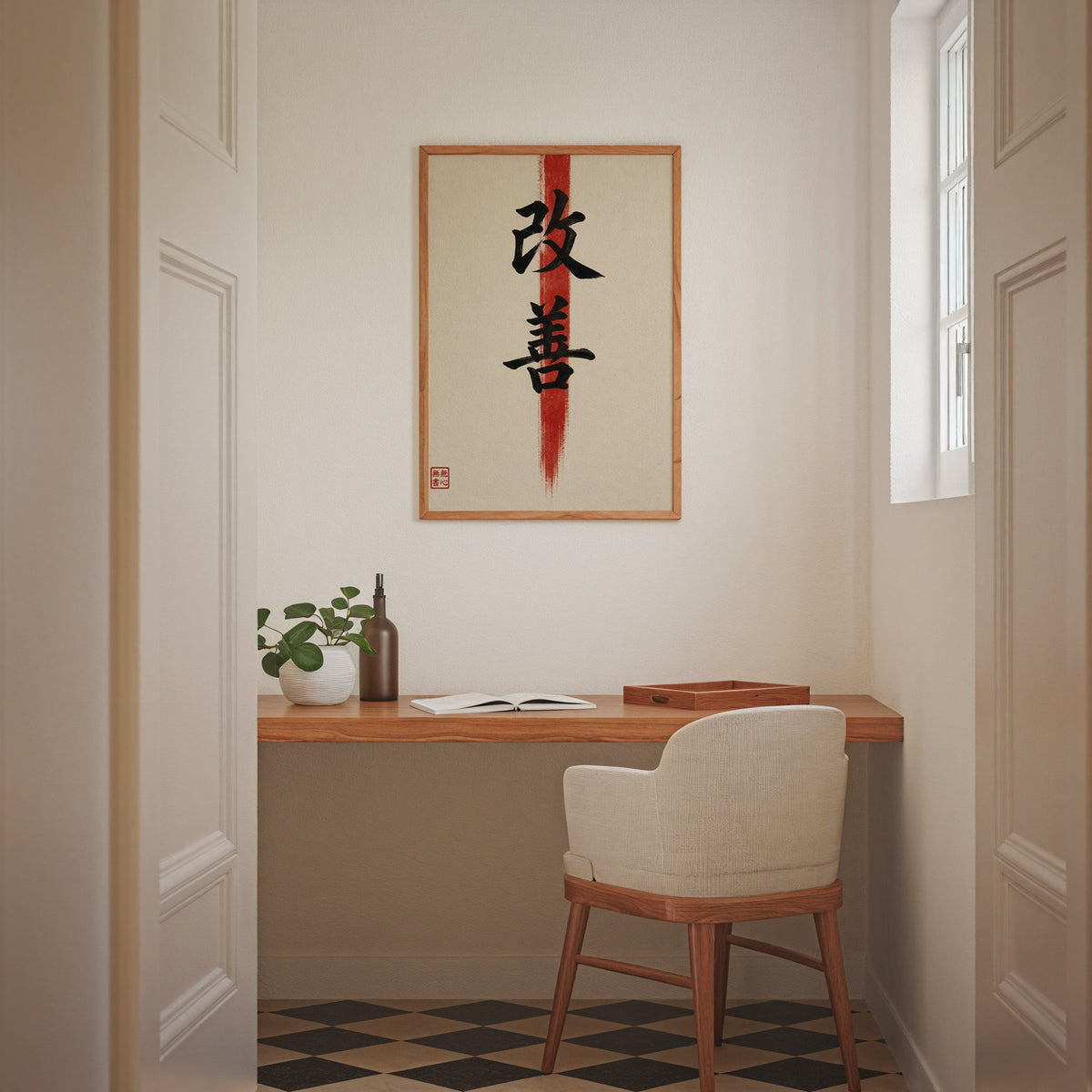 Kaizen kanji calligraphy print in an oak frame above a wall-mounted desk in a home office nook
