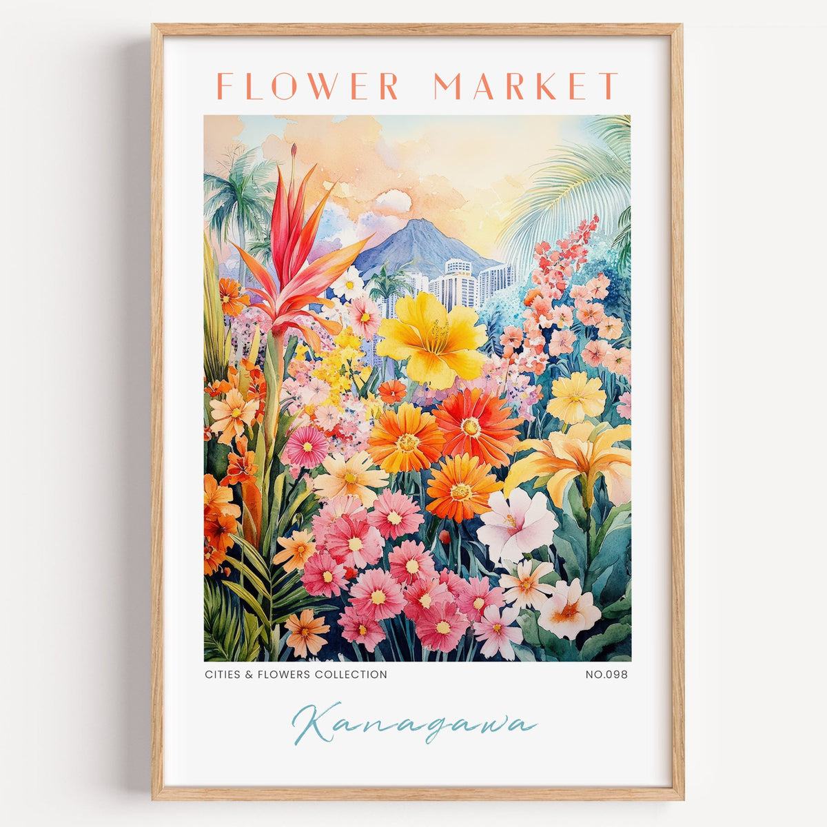 Kanagawa flower market print in a light oak frame on a plain white wall