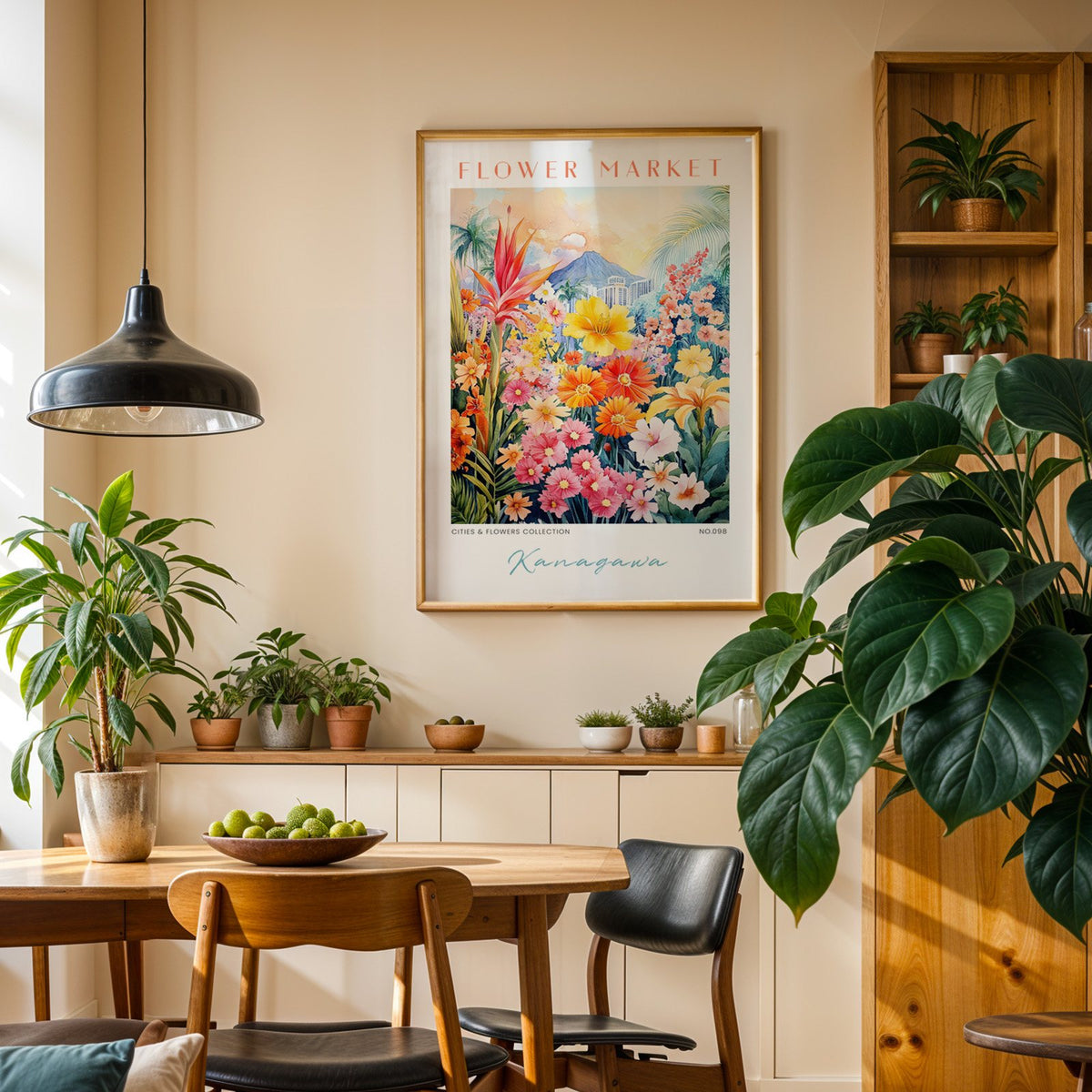 Kanagawa flower market print in an oak frame above a dining sideboard lined with potted plants