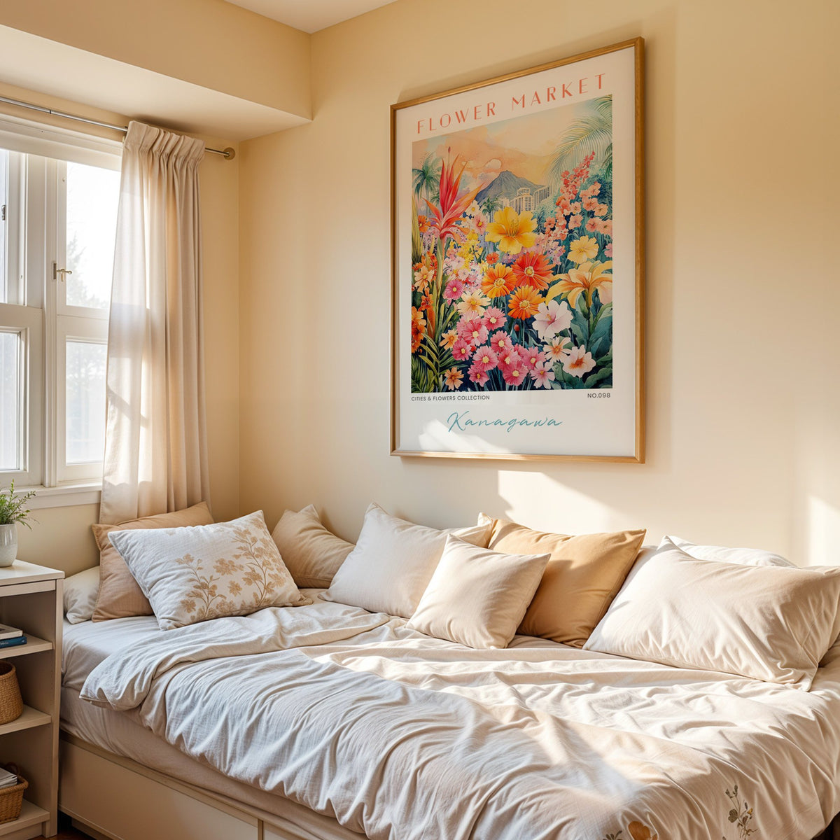 Kanagawa flower market print in an oak frame above a cream daybed in a sunny bedroom