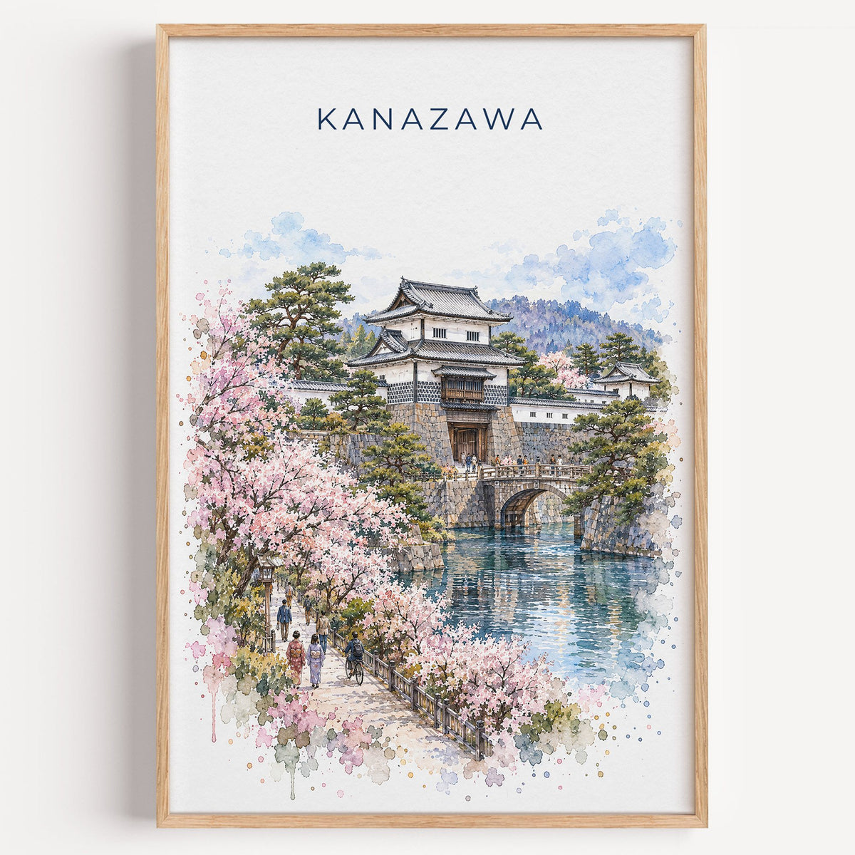 Kanazawa watercolor print in a light oak frame on a plain white wall