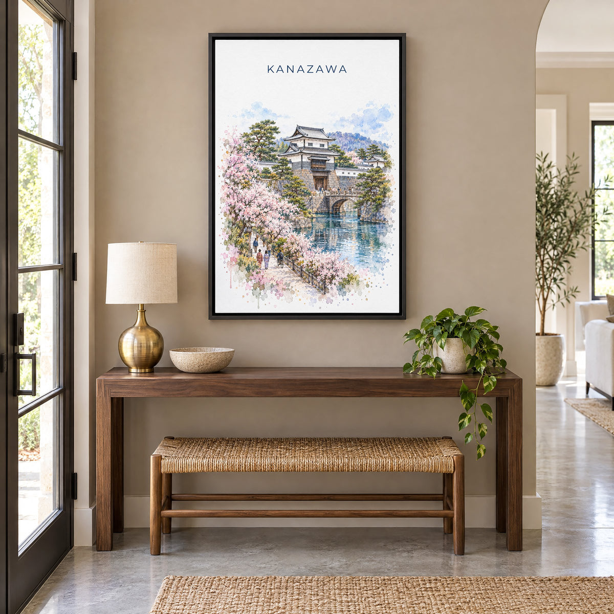 Kanazawa watercolor print as a black floater canvas above a walnut console and woven bench in an entryway