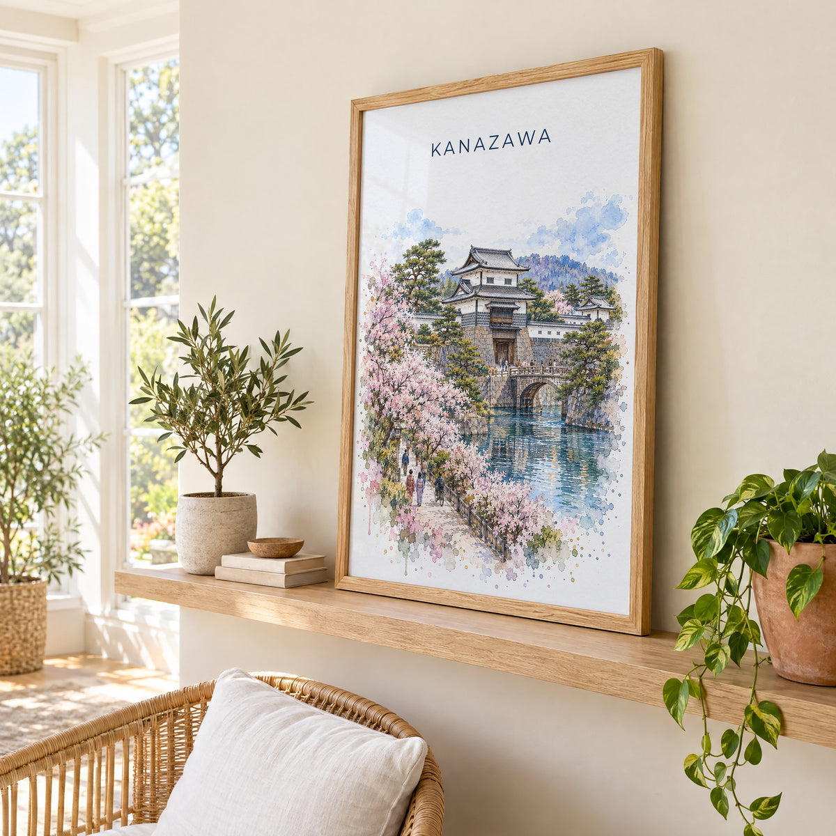 Kanazawa watercolor print in an oak frame on a picture ledge in a sunlit sunroom