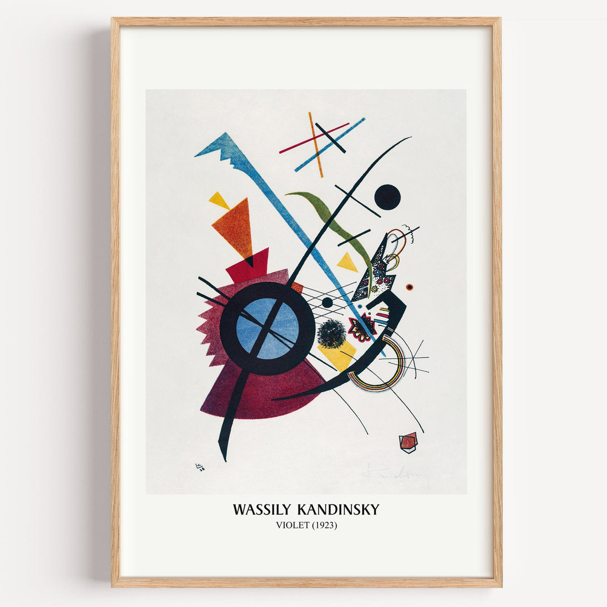 Wassily Kandinsky Violet abstract print in a light oak frame on a white wall