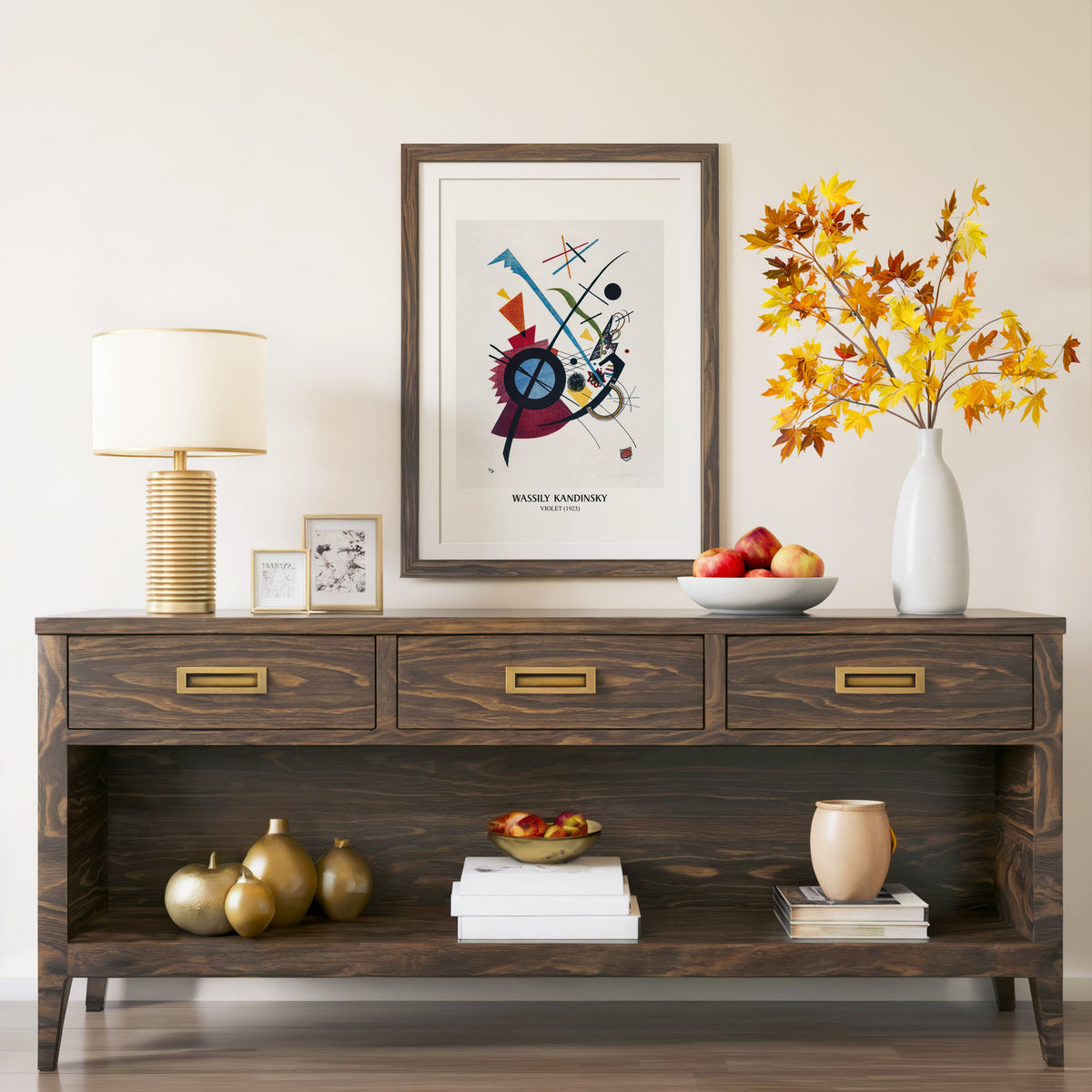 Violet 1923 print in a walnut frame above a console with autumn branches