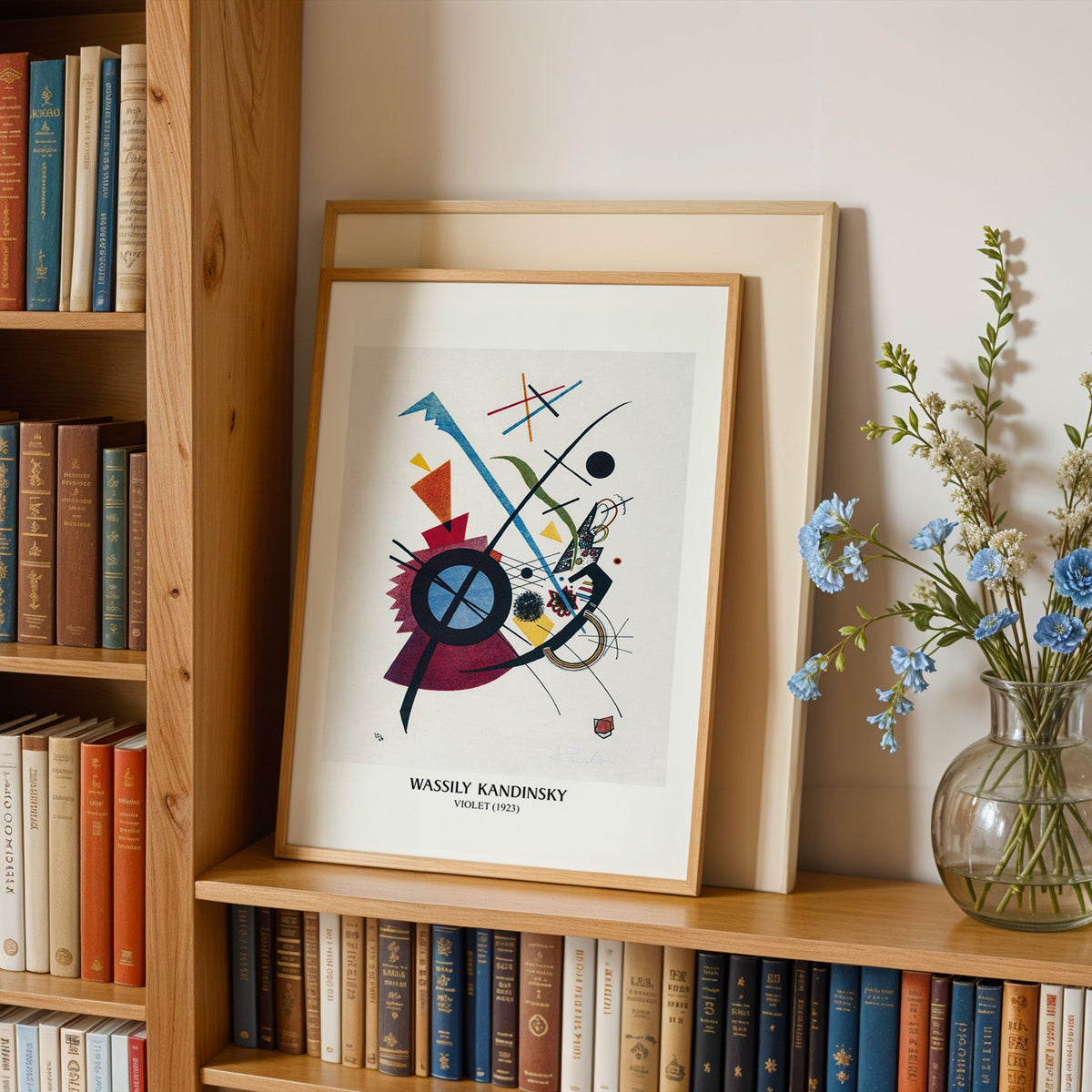 Kandinsky geometry print in an oak frame leaning on a bookshelf beside flowers