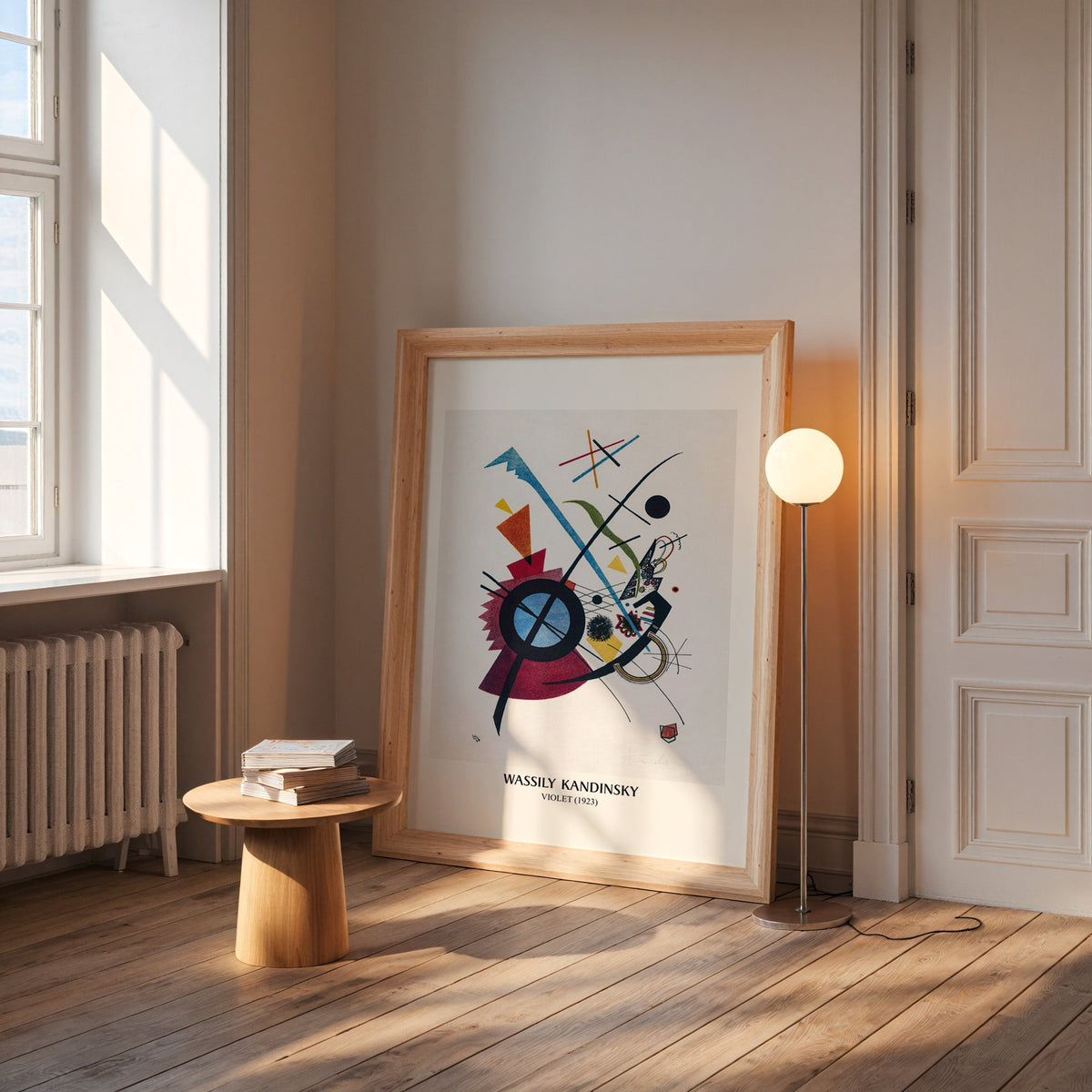 Kandinsky print in a wide pine frame leaning by a sunlit window
