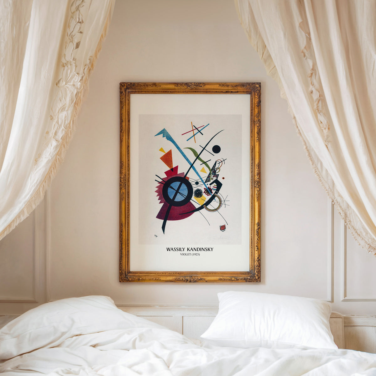 Violet abstract print shown in an ornate gold frame above a canopy bed