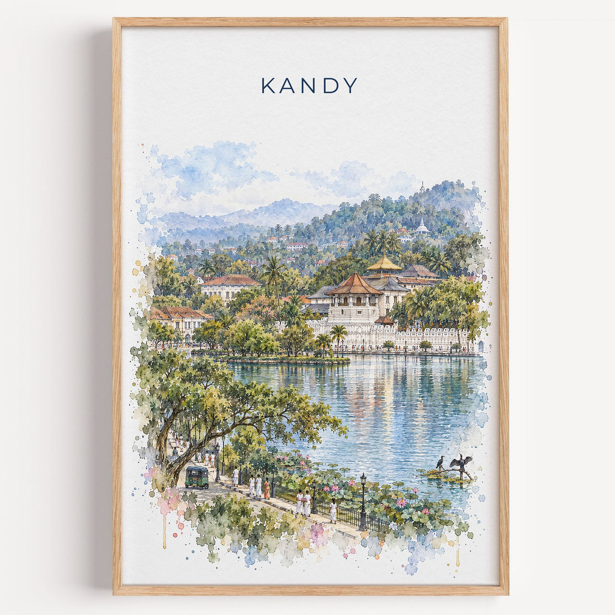 Kandy, Sri Lanka watercolor print in a light oak frame on a plain white wall