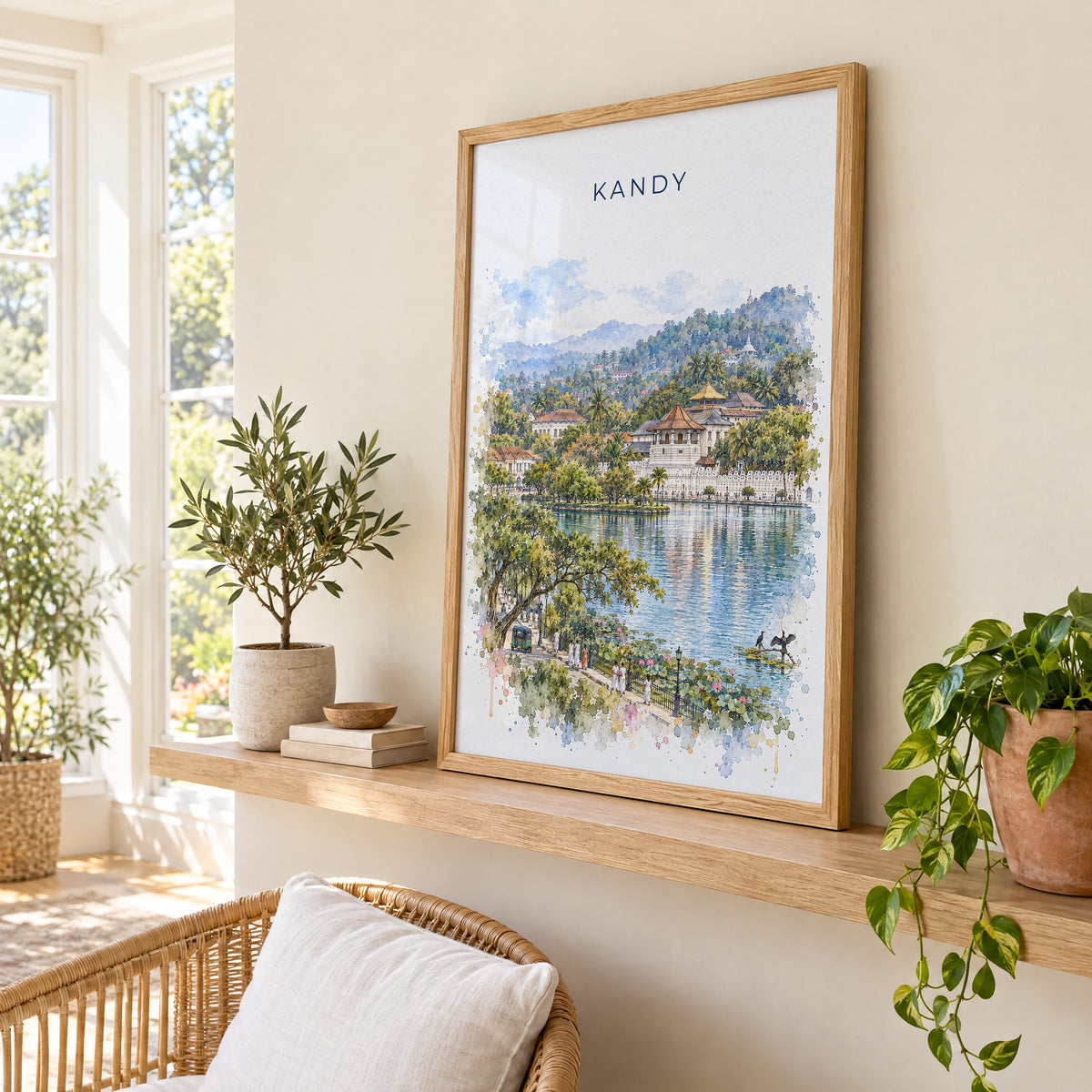Kandy, Sri Lanka watercolor print in an oak frame on a picture ledge in a sunlit sunroom