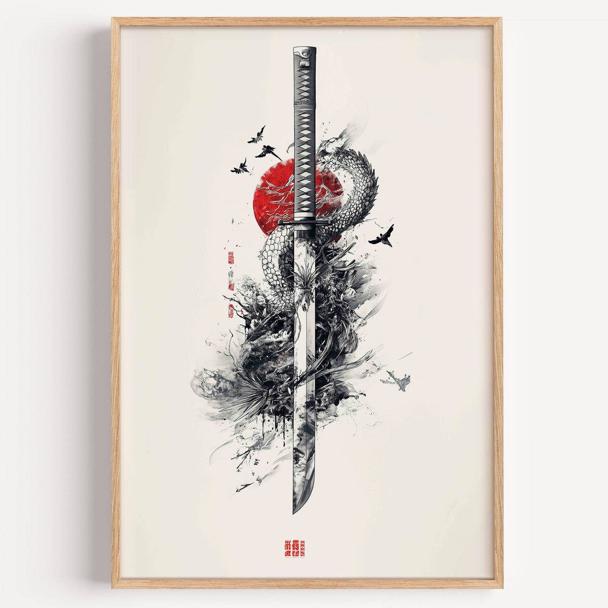 Ink dragon coiled around katana print in a light oak frame on a plain white wall