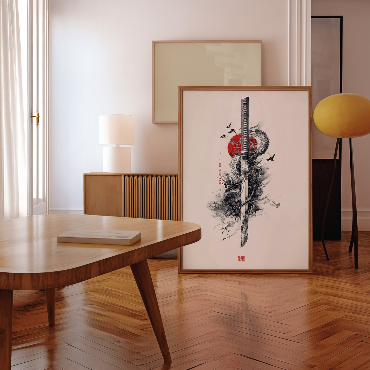 Ink dragon coiled around katana print in a walnut frame leaning in a mid-century living room