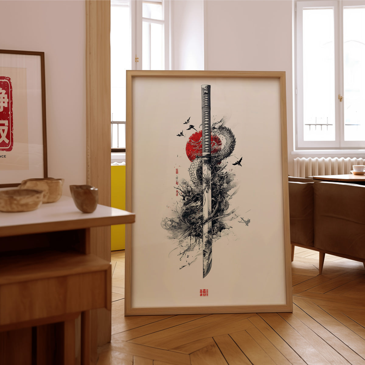 Ink dragon coiled around katana print in an oak frame on the parquet floor of a sunlit living room