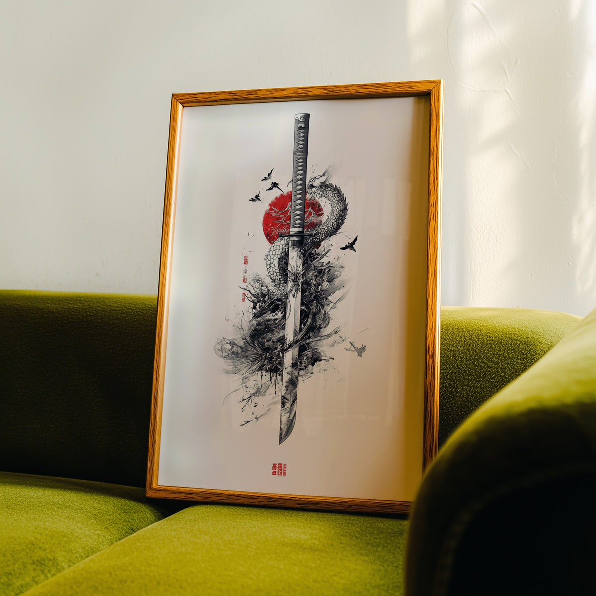 Ink dragon coiled around katana print in an oak frame propped on a green velvet sofa