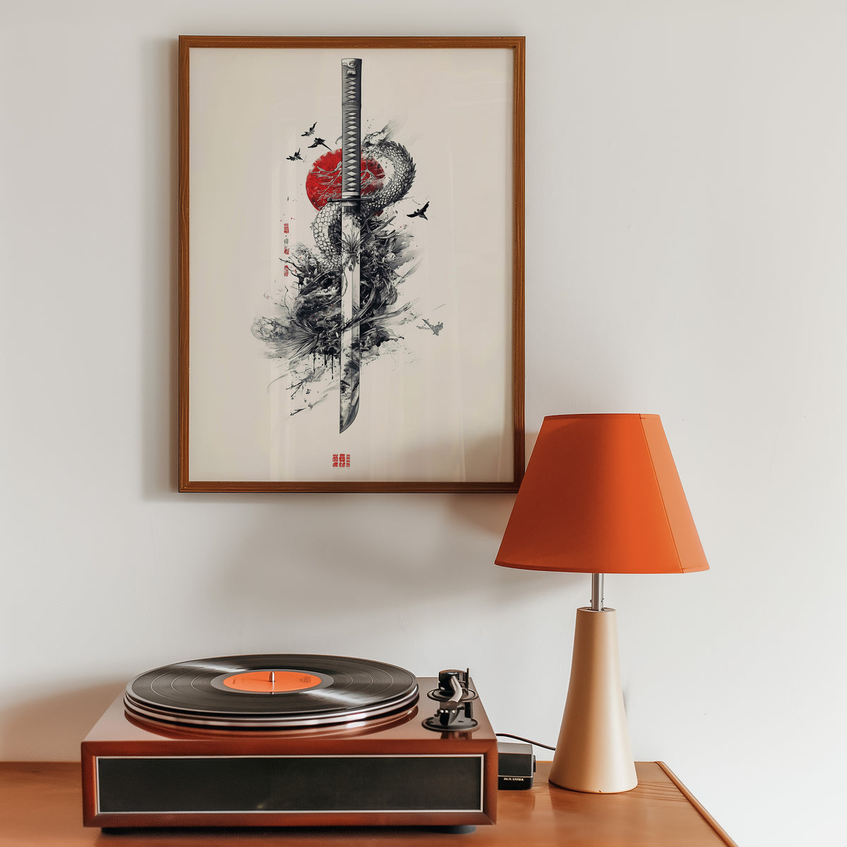 Ink dragon coiled around katana print in a walnut frame above a sideboard with a record player