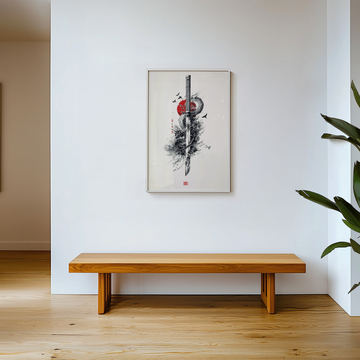 Ink dragon coiled around katana print shown in a white frame above a wooden entryway bench