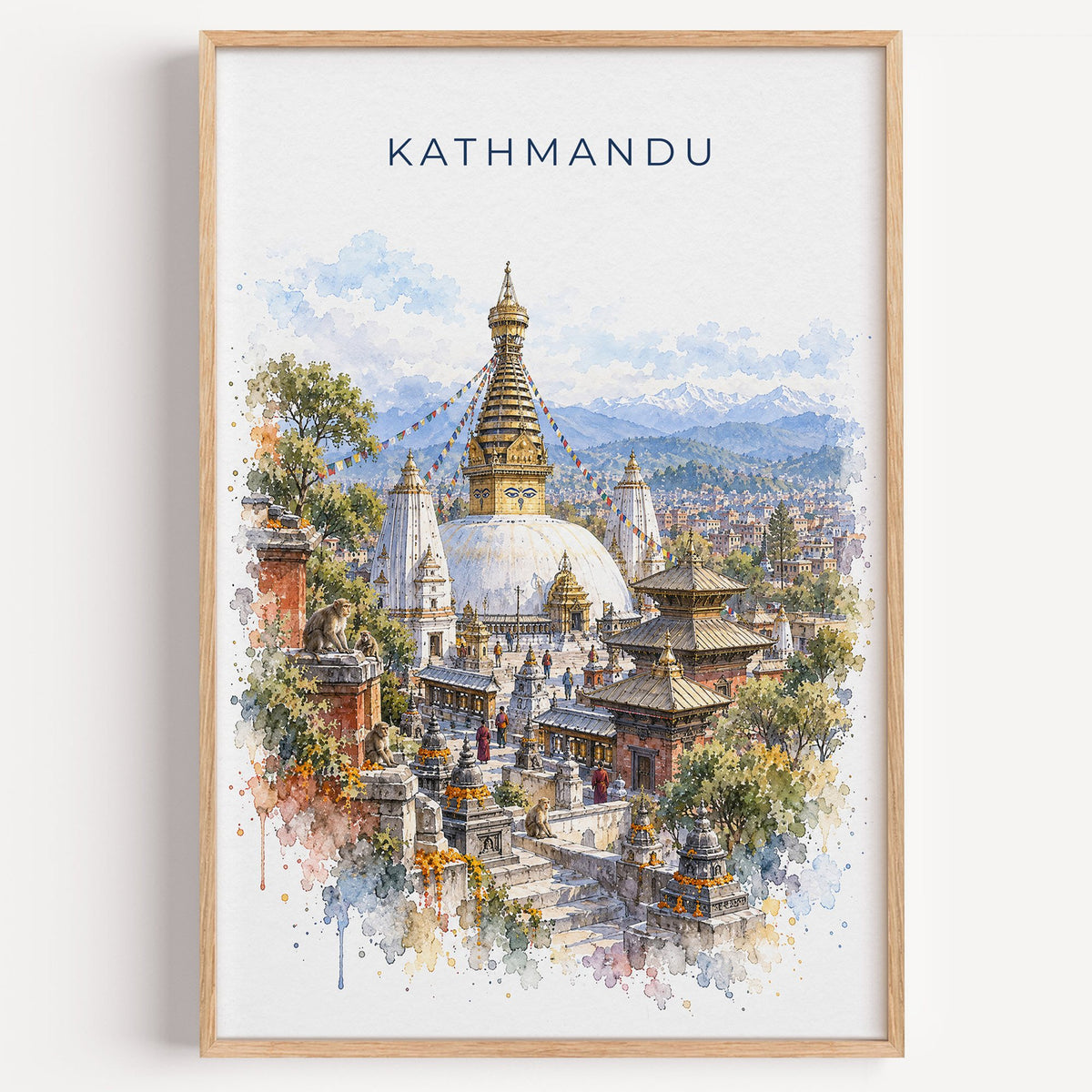 Kathmandu watercolor print in a light oak frame on a plain white wall