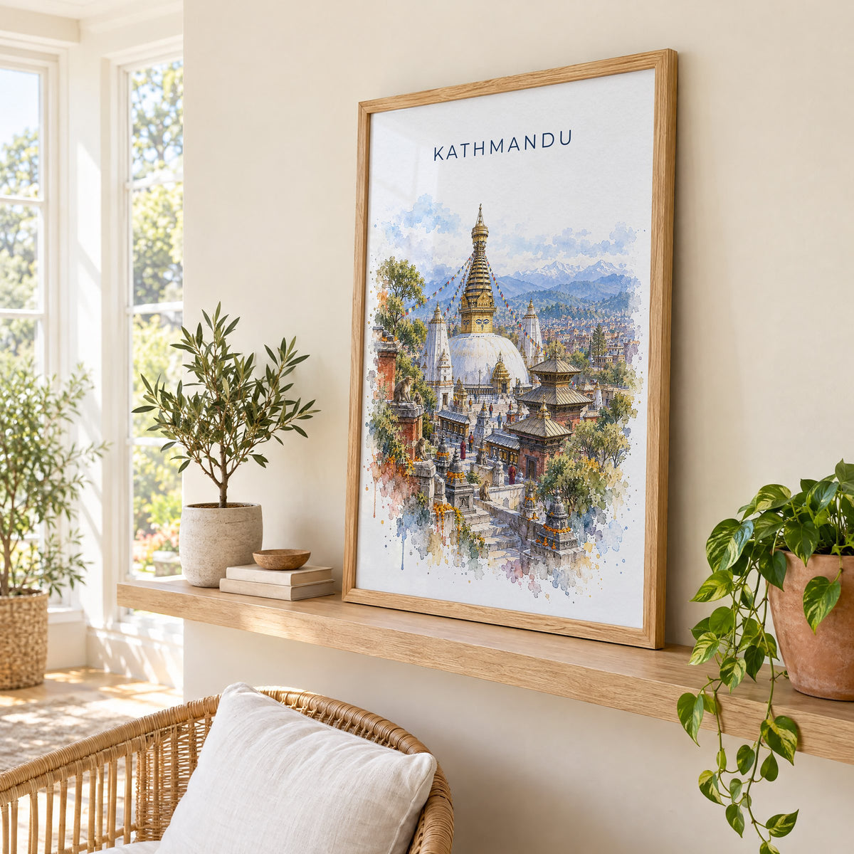 Kathmandu watercolor print in an oak frame on a picture ledge in a sunlit sunroom