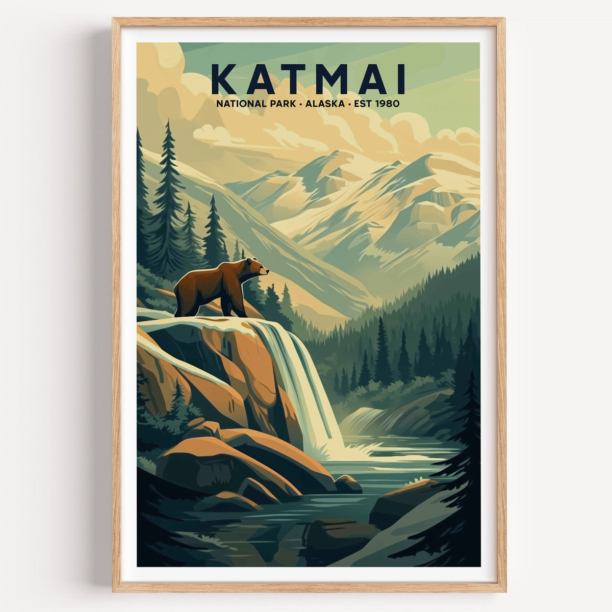 Katmai National Park illustrated print: a brown bear above a waterfall, in an oak frame