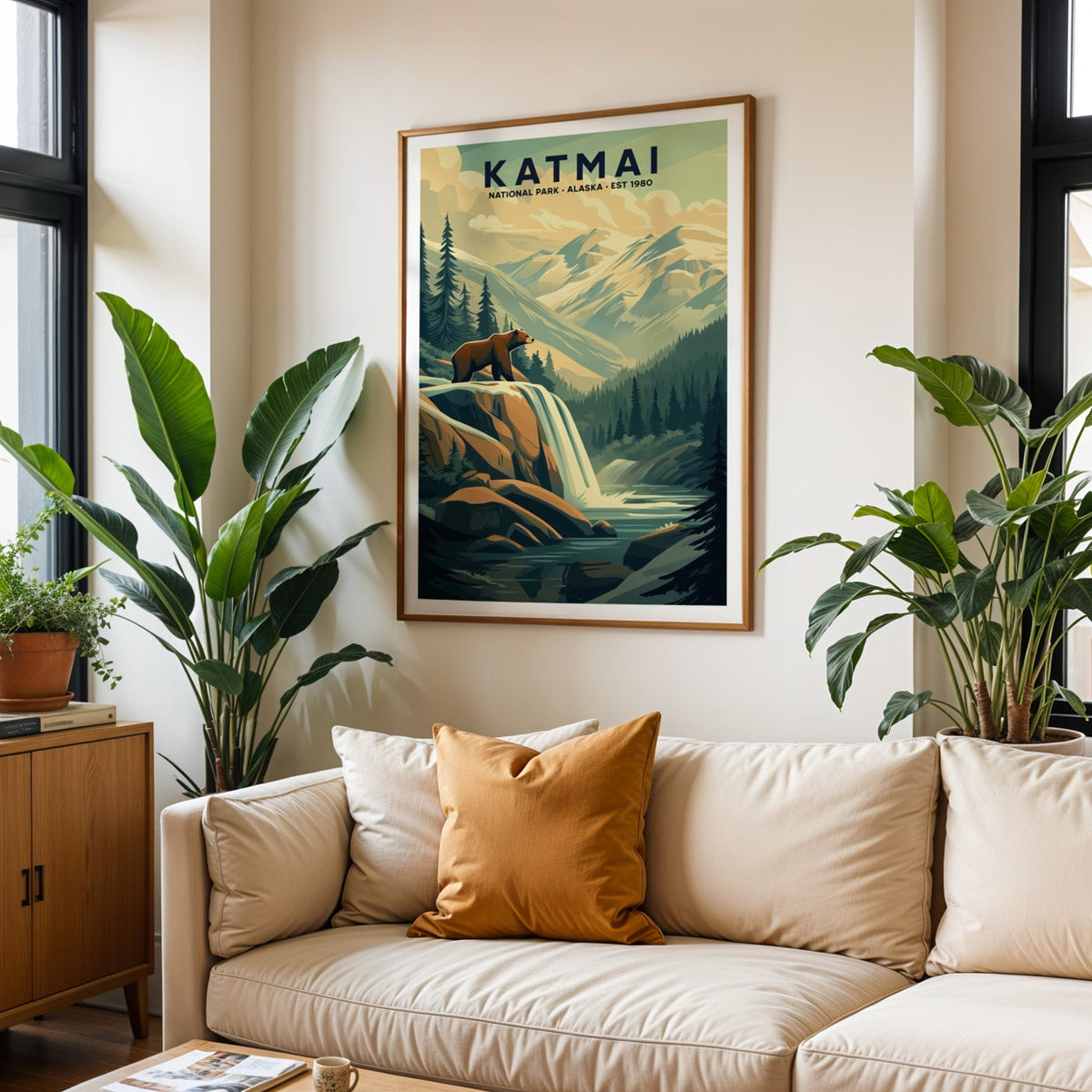 Katmai National Park print in an oak frame above a cream living room sofa with an ochre cushion