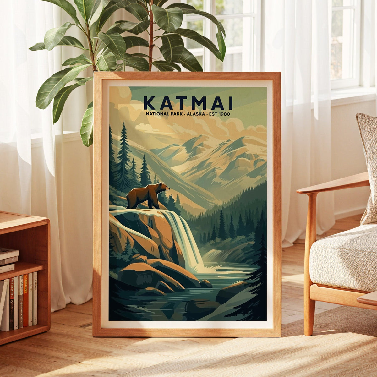 Katmai National Park print in an oak frame by a sunlit window with sheer curtains and a fig plant