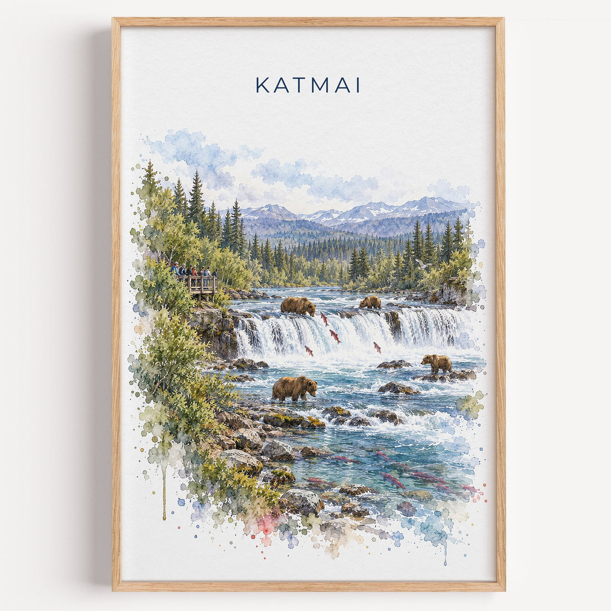 Katmai National Park watercolor print in a light oak frame on a plain white wall