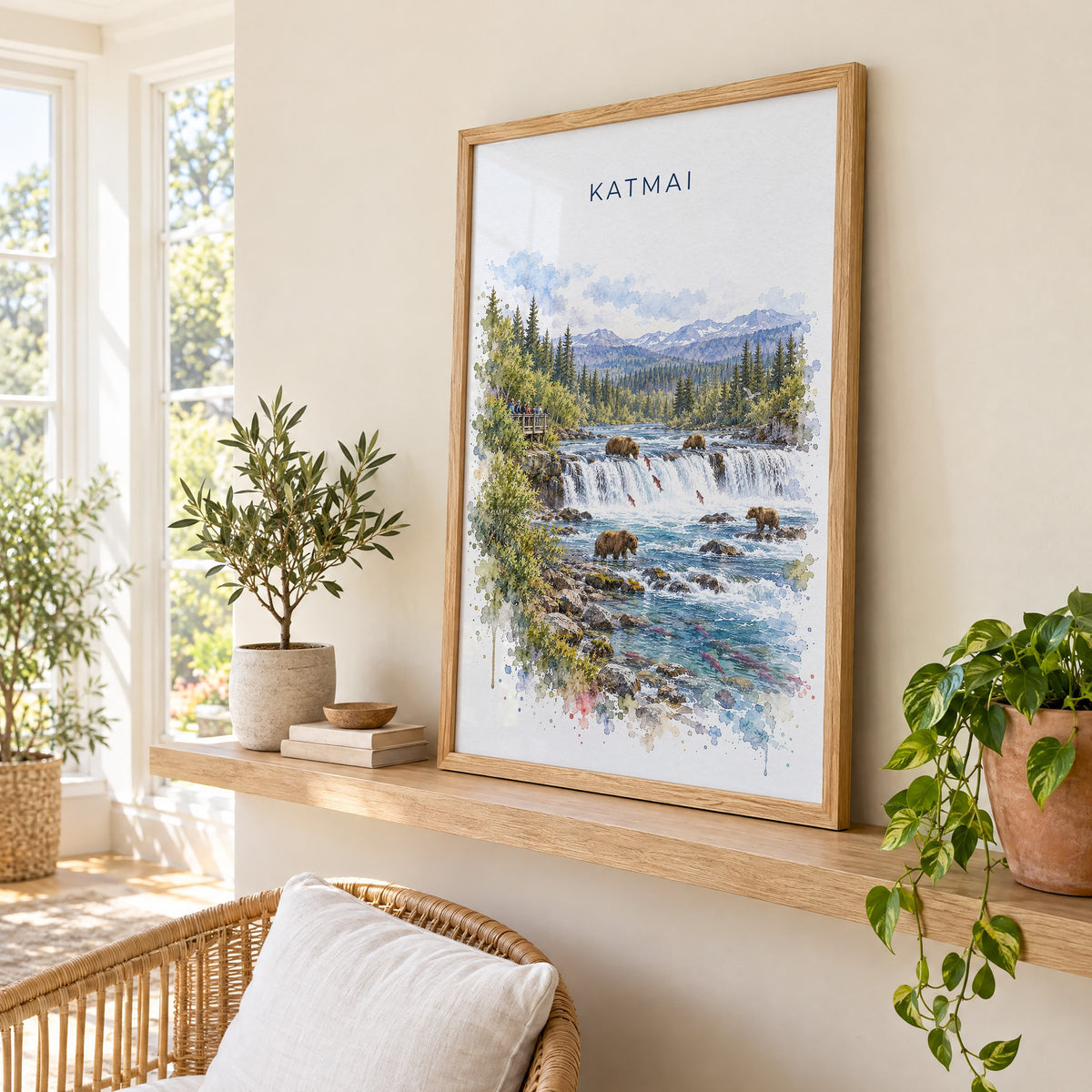 Katmai National Park watercolor print in an oak frame on a picture ledge in a sunlit sunroom
