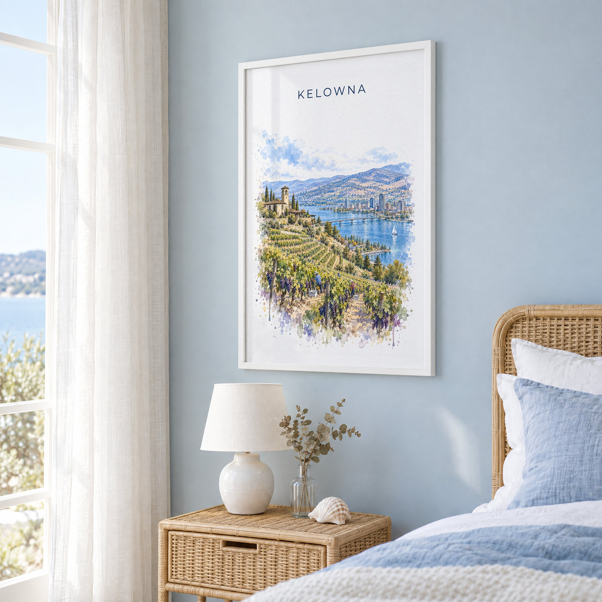 Kelowna watercolor print in a white frame on a pale blue wall beside a rattan bed in a coastal bedroom