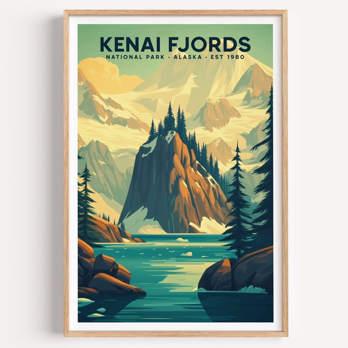 Kenai Fjords National Park illustrated print: a forested crag in an icy bay, in an oak frame