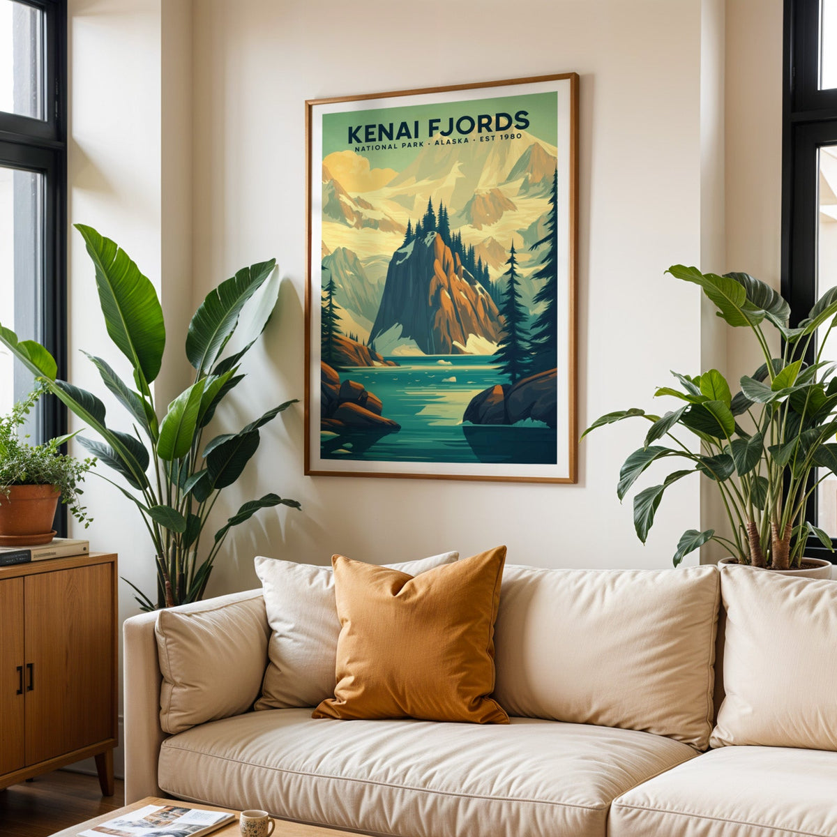 Kenai Fjords National Park print in an oak frame above a cream living room sofa with an ochre cushion