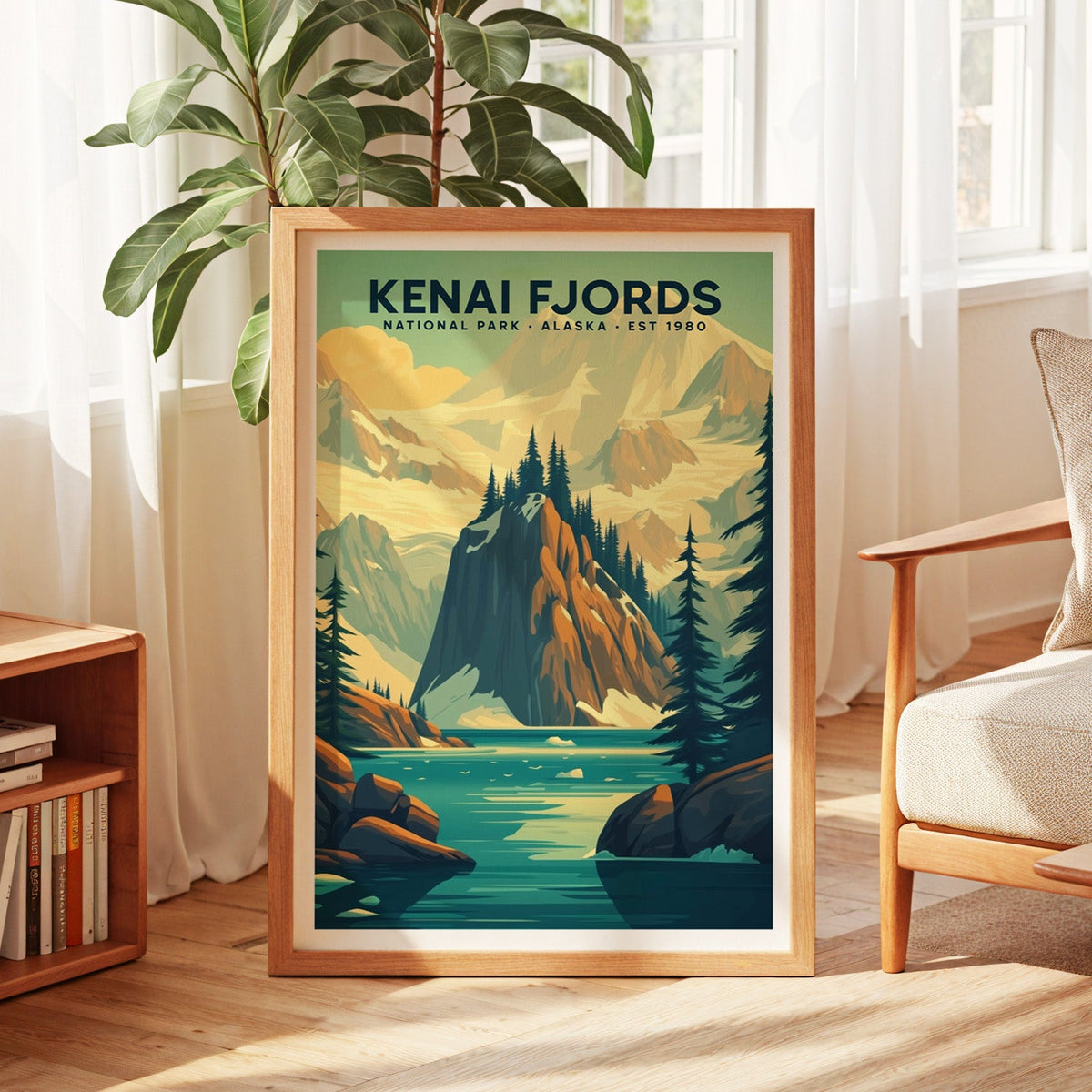 Kenai Fjords National Park print in an oak frame by a sunlit window with sheer curtains and a fig plant