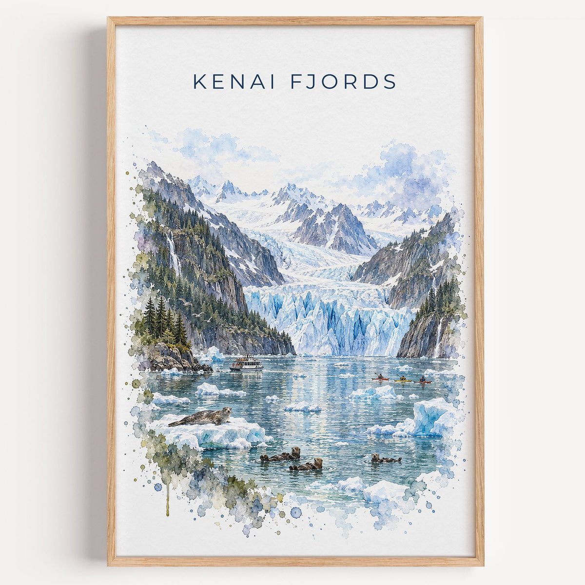 Kenai Fjords National Park watercolor print in a light oak frame on a plain white wall