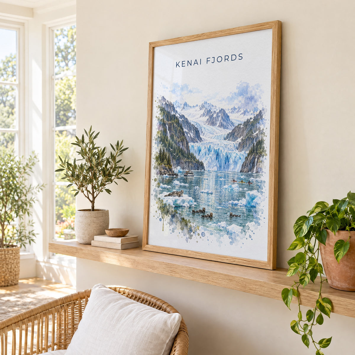 Kenai Fjords National Park watercolor print in an oak frame on a picture ledge in a sunlit sunroom