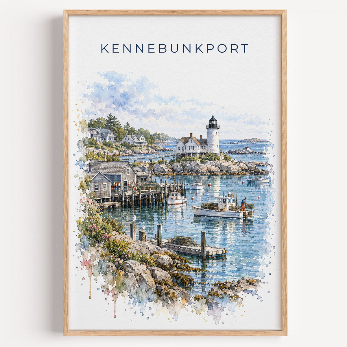 Kennebunkport watercolor print in a light oak frame on a plain white wall