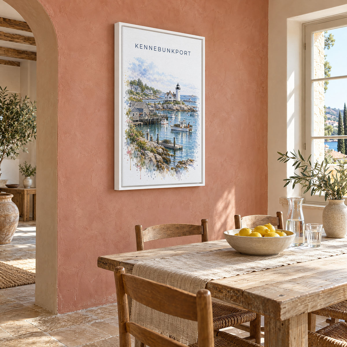 Kennebunkport watercolor print as a white floater canvas on a terracotta wall above a rustic dining table