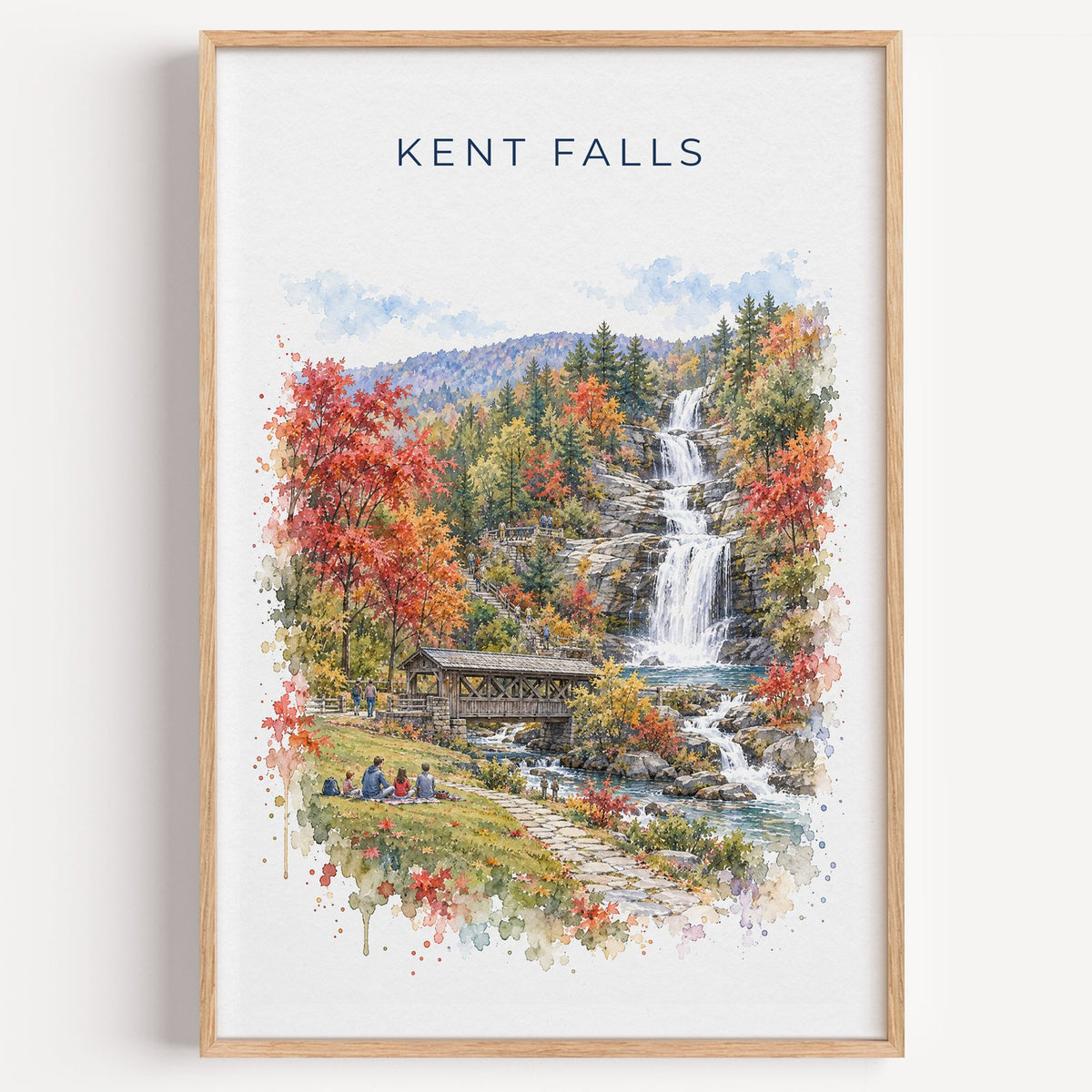 Kent Falls State Park watercolor print in a light oak frame on a plain white wall
