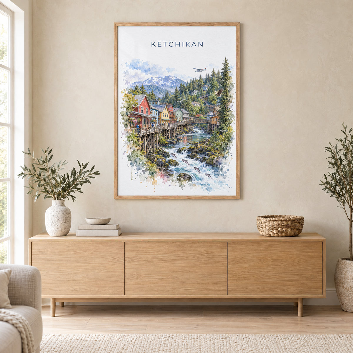 Ketchikan watercolor print in an oak frame above a light wood sideboard in a Scandinavian living room
