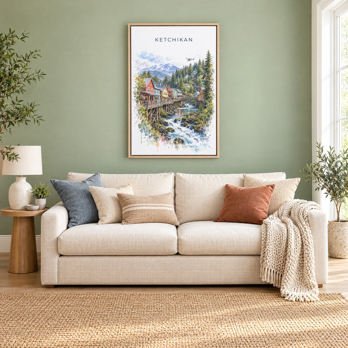 Ketchikan watercolor print as a natural floater canvas above a cream linen sofa on a sage green wall