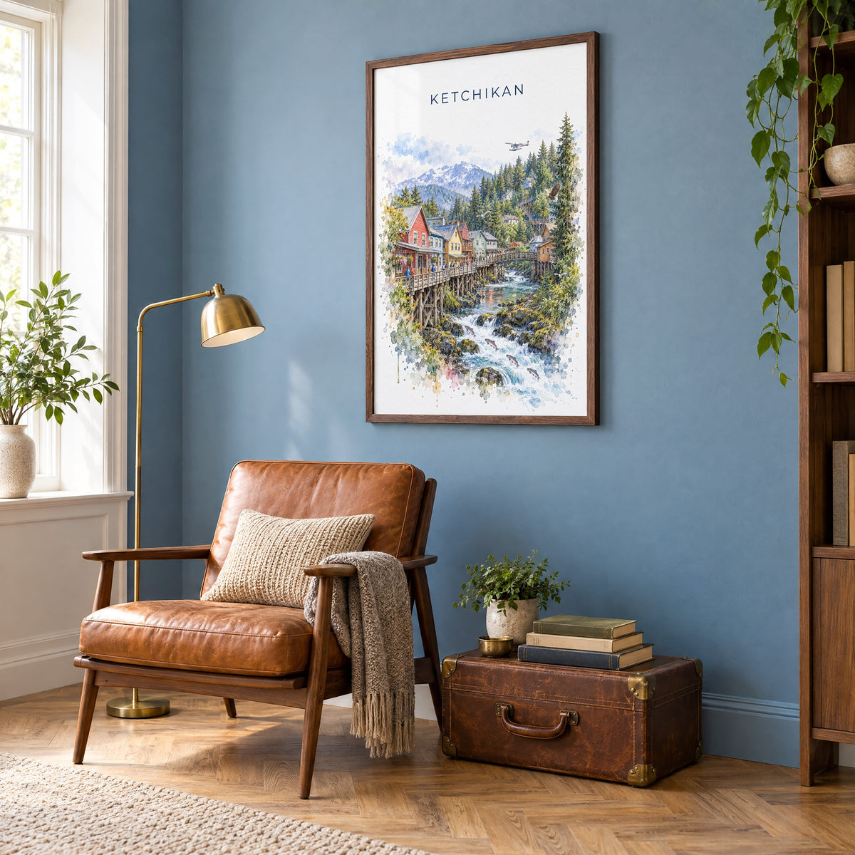 Ketchikan watercolor print in a walnut frame on a blue wall above a leather armchair in a reading nook